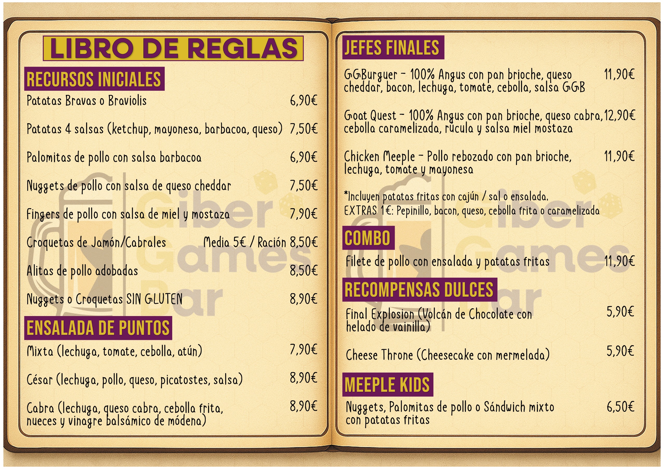 Carta de comida Giber Games Bar