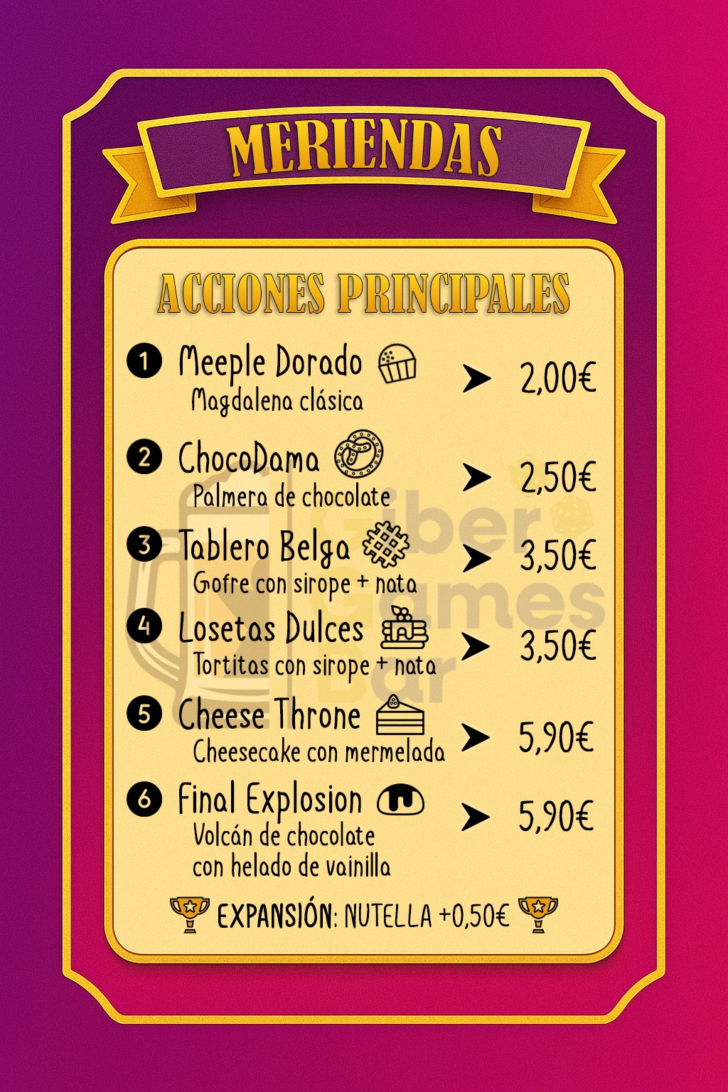 Carta de meriendas Giber Games Bar